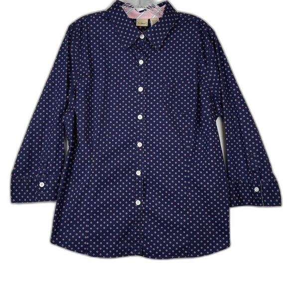 L.L. Bean Tops - L.L. Bean Navy Blue Pink Polka Dot Button Down Shirt Women's XL Cotton Stretch